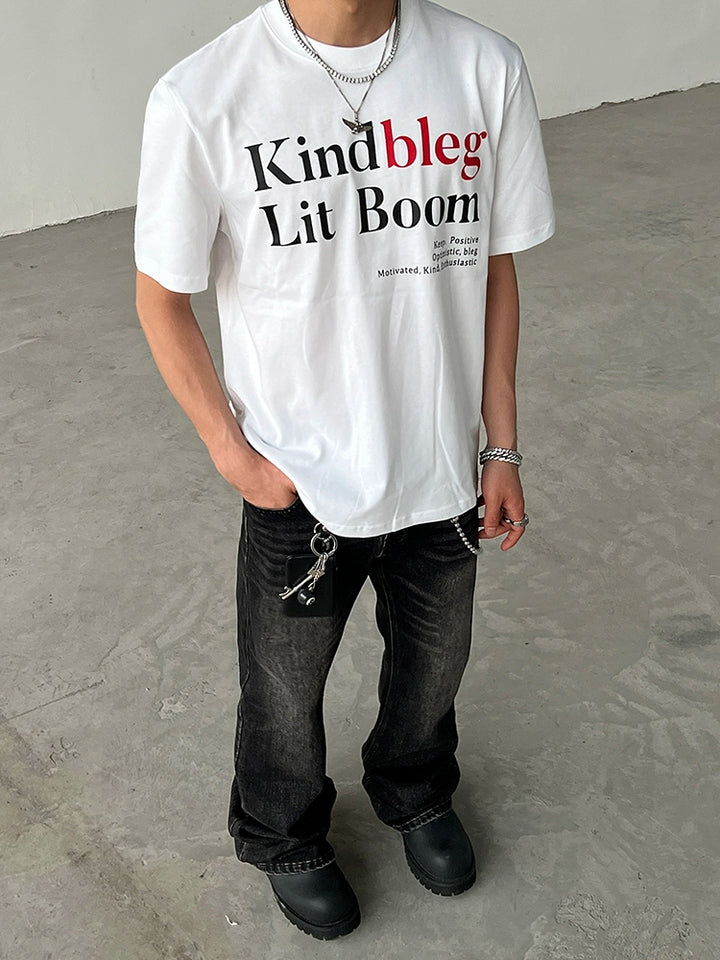 Camiseta Casual Solta de Algodão com Estampa de Letras 