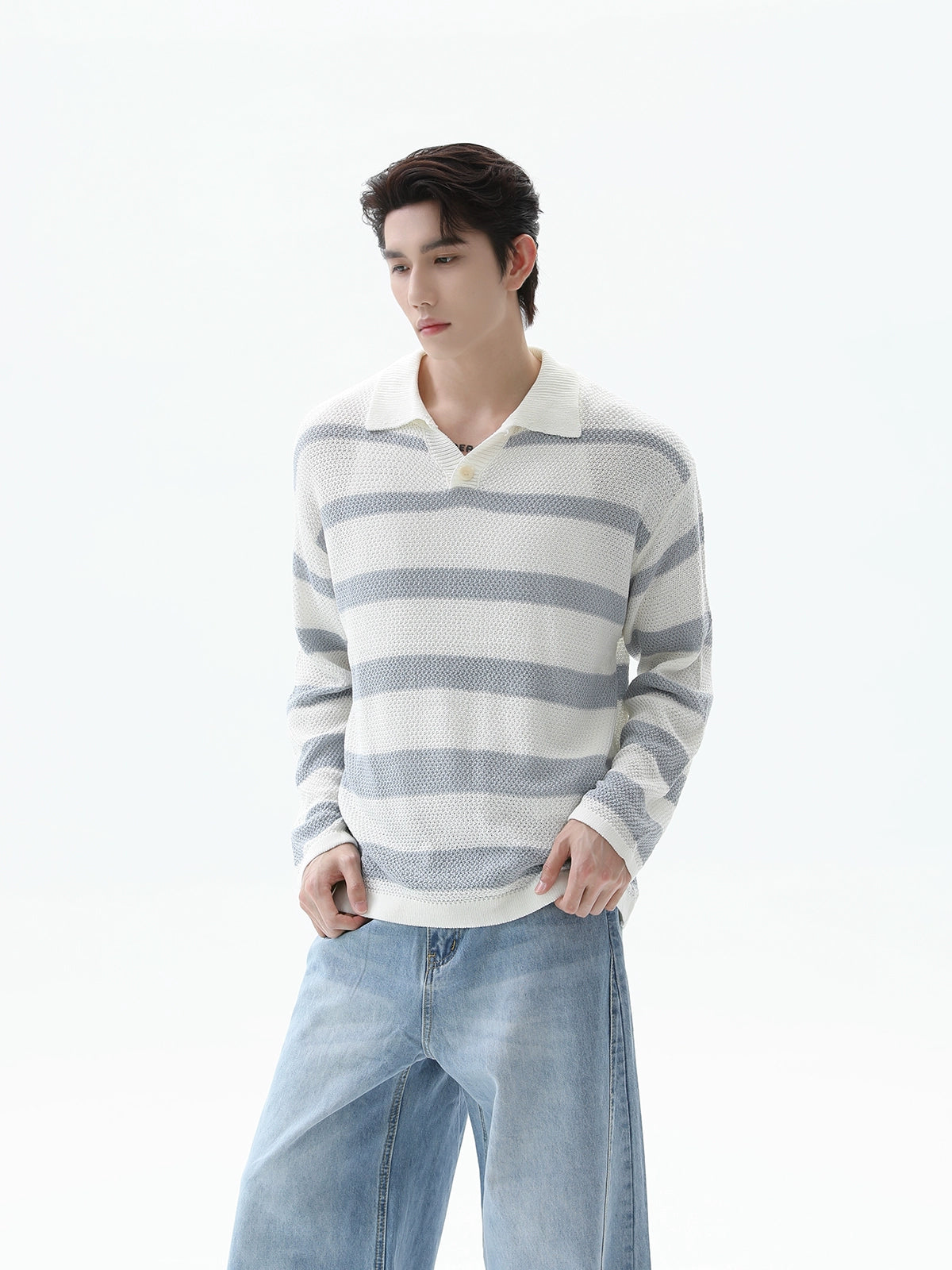 Lapel Striped Knit Polo Shirt