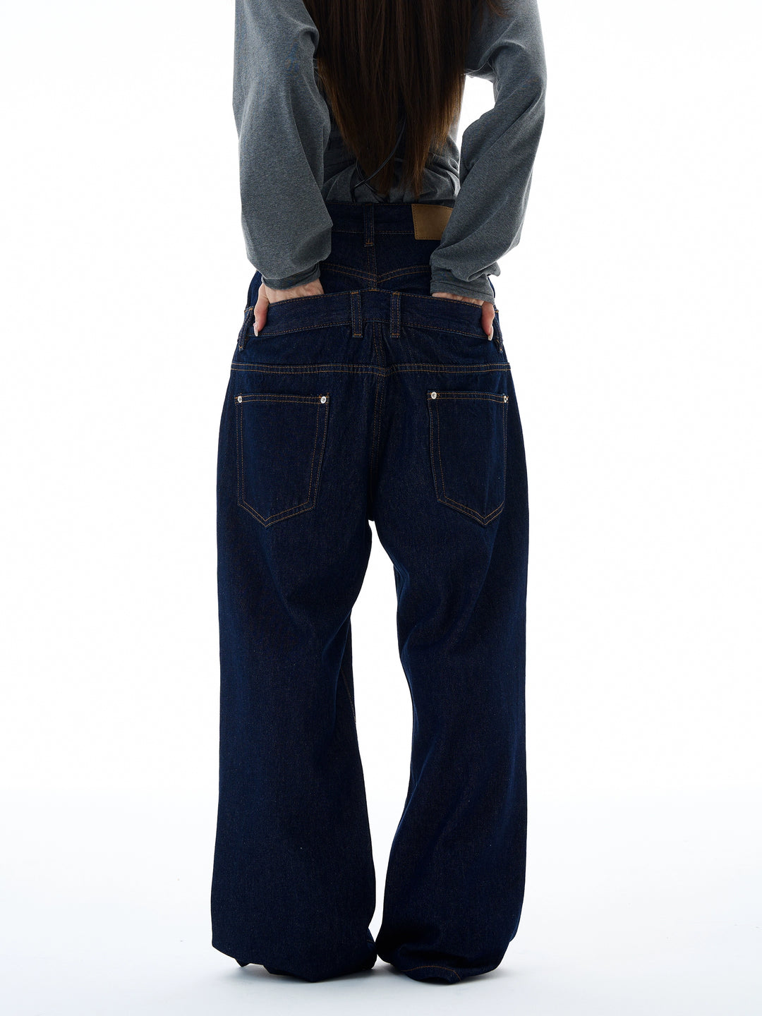 Pantalones de mezclilla de pierna ancha sueltos de cintura doble 