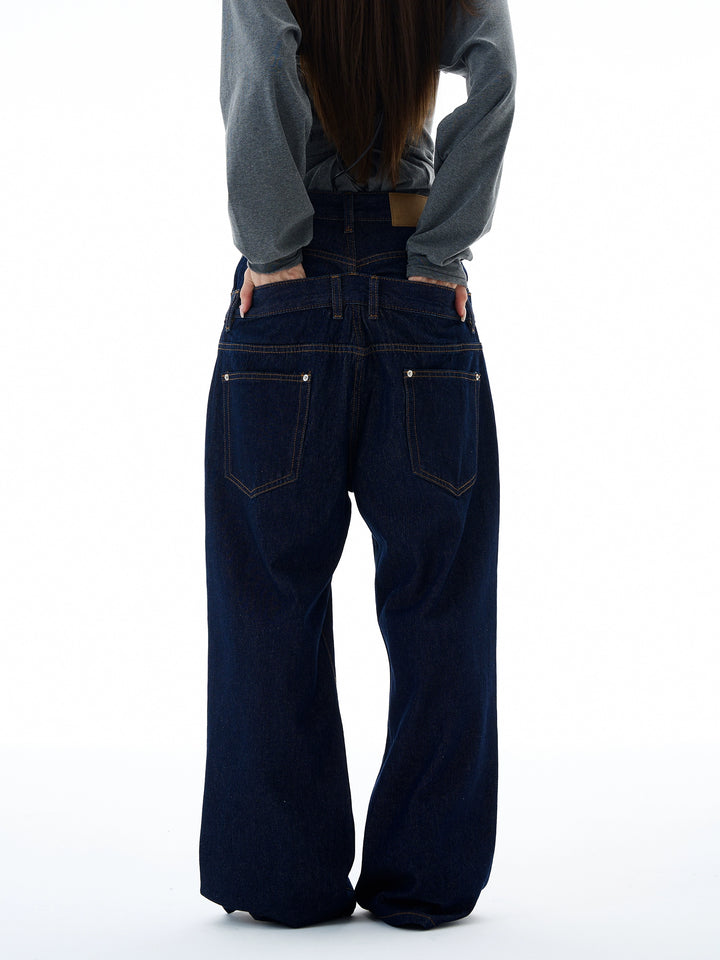 Pantalones de mezclilla de pierna ancha sueltos de cintura doble 