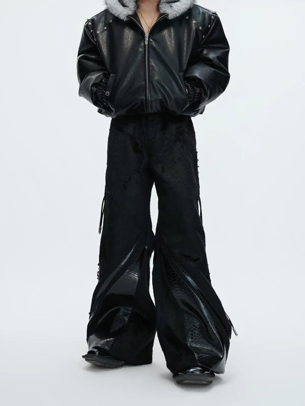 와이드 레그 해체된 인조 가죽 디테일 팬츠 