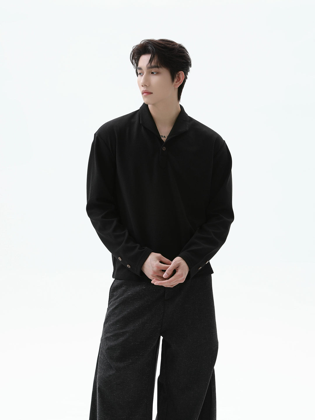 Waffle Texture Long Sleeve Polo Shirt