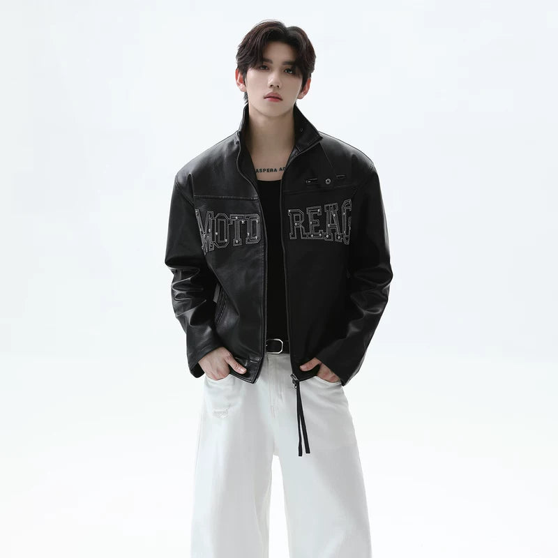 Studded Letter Leather Stand Collar Jacket