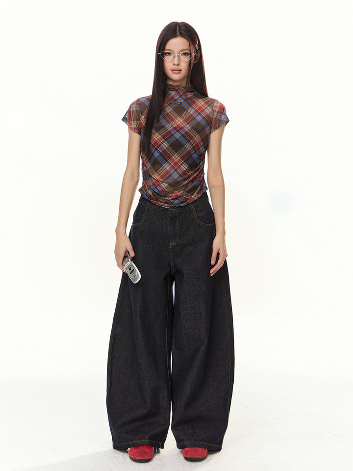 Retro Plaid Mesh Turtleneck Top