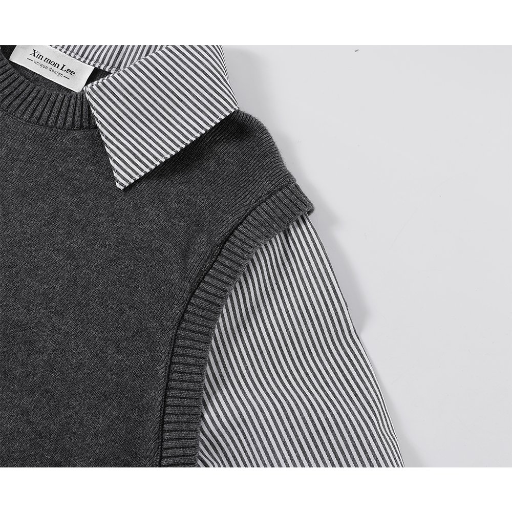 Patchwork Knit Shirt Collared Sweater