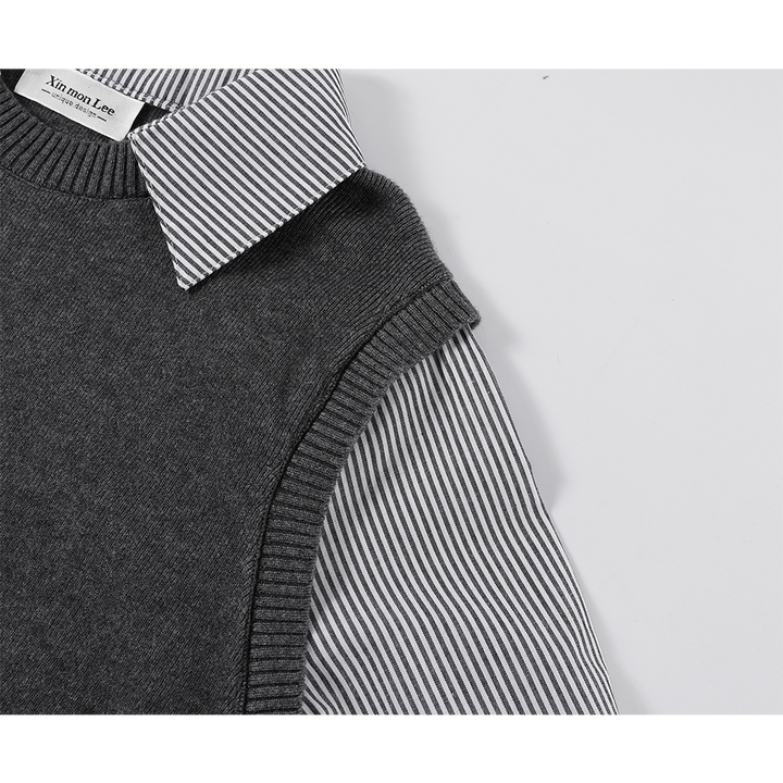 Patchwork Knit Shirt Collared Sweater