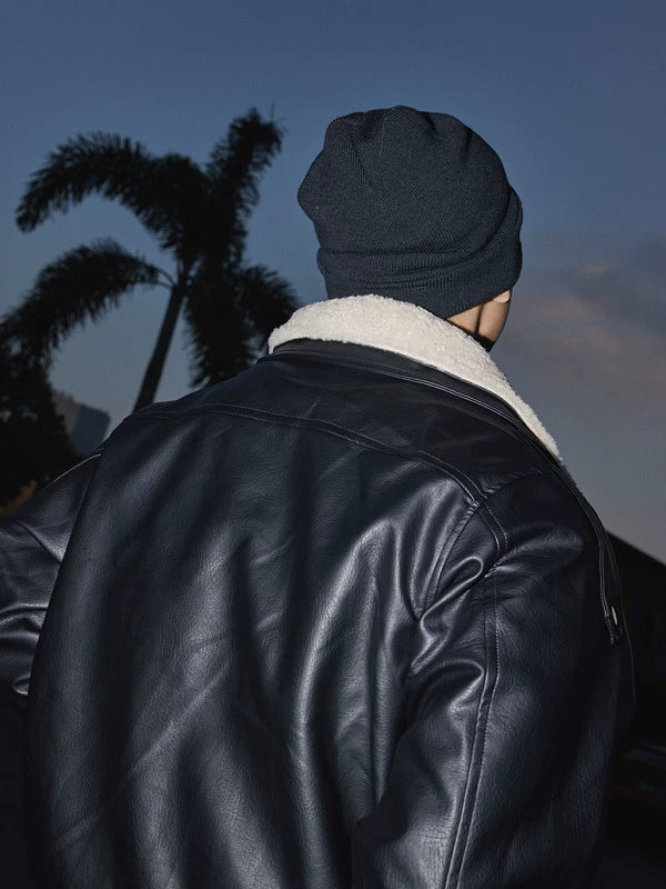 Retro faux läder motorcykeljacka med Sherpa 