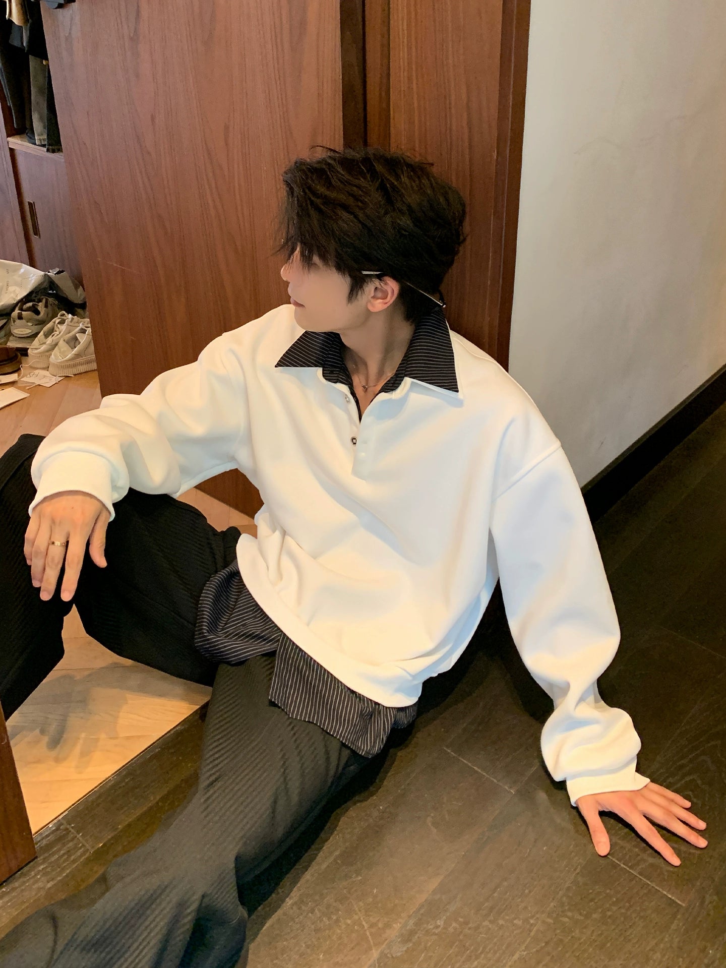 Gömlek Yaka Parçalı Bol Sweatshirt Kazak 