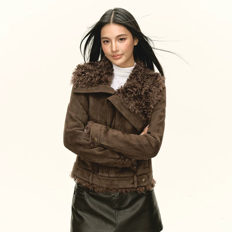 Lapel Faux Shearling Moto Jacket