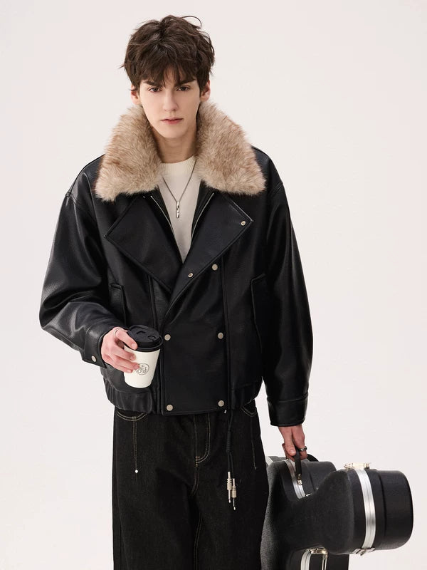 Faux Fur Collar Faux Leather Jacket