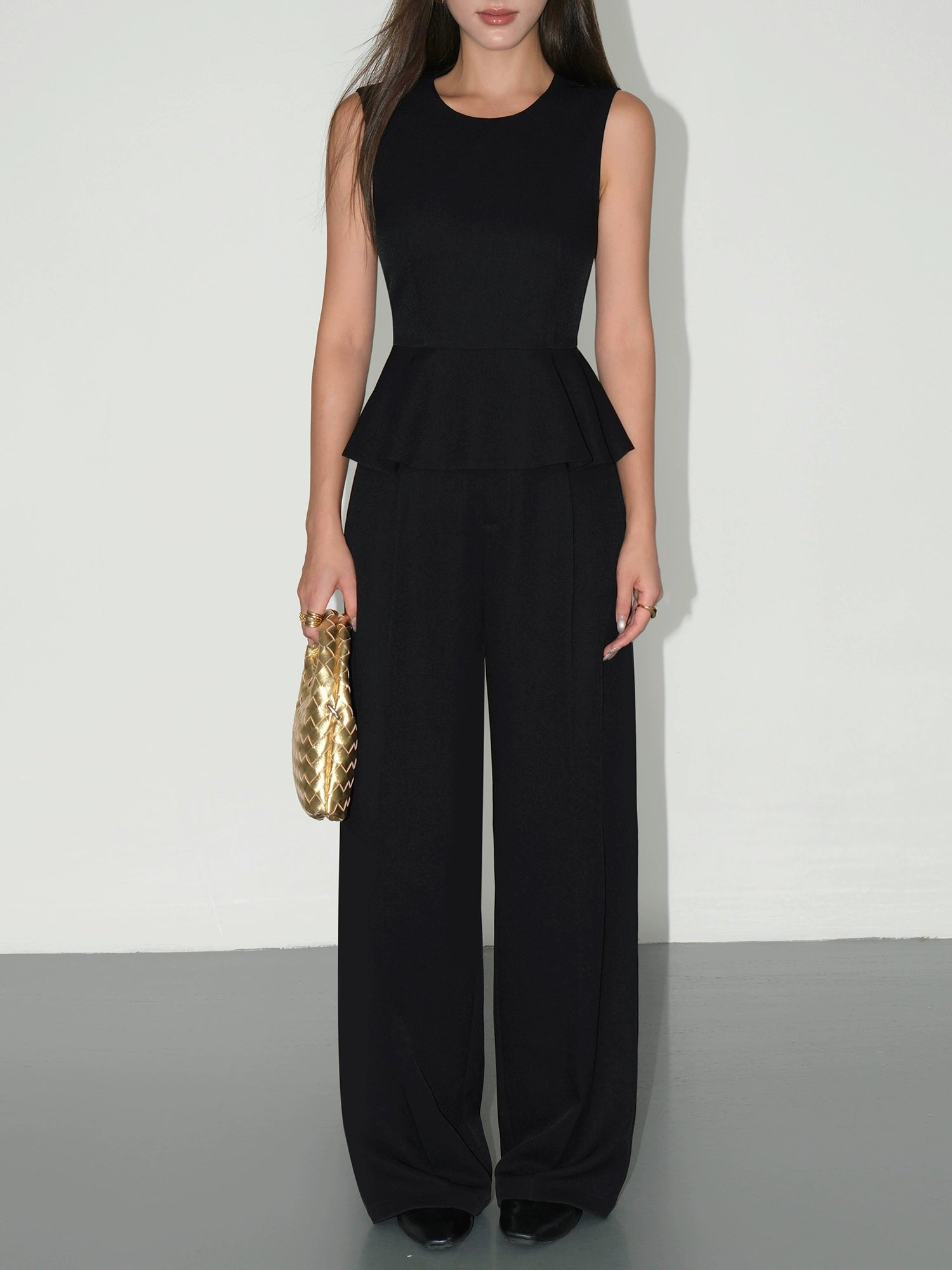 Ruffled Sleeveless Peplum Top Wide Leg Pants