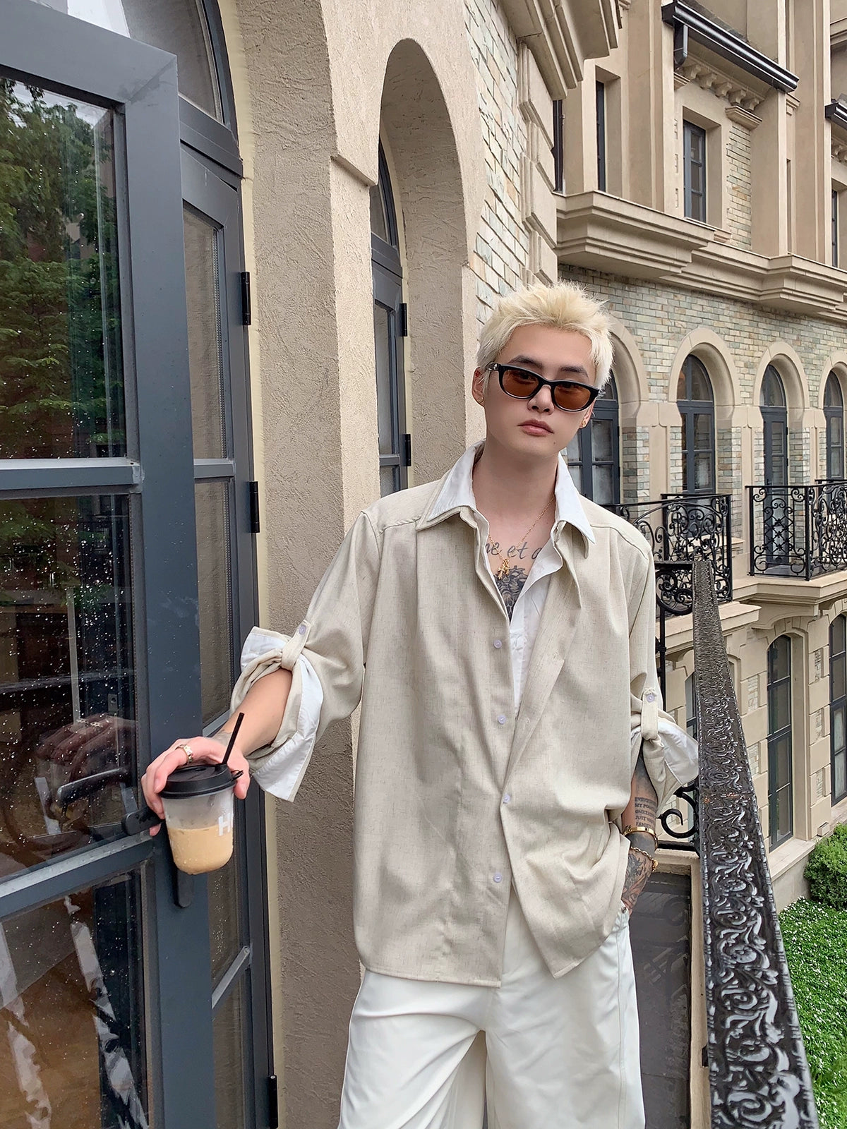 Double Layer Linen Blend Long Sleeve Shirt