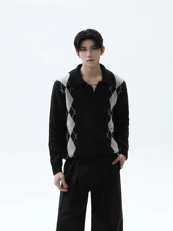 Pull en laine à motif argyle avec col polo 