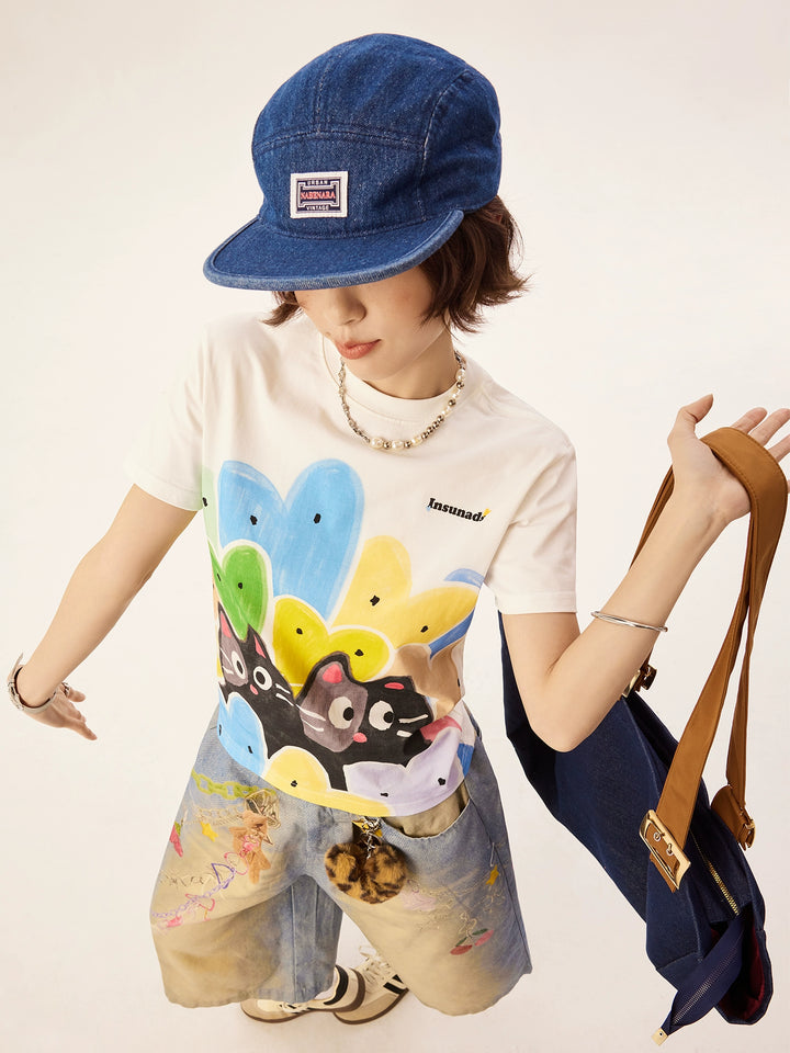 Hand-painted Cat Print Short Sleeve T-shirt