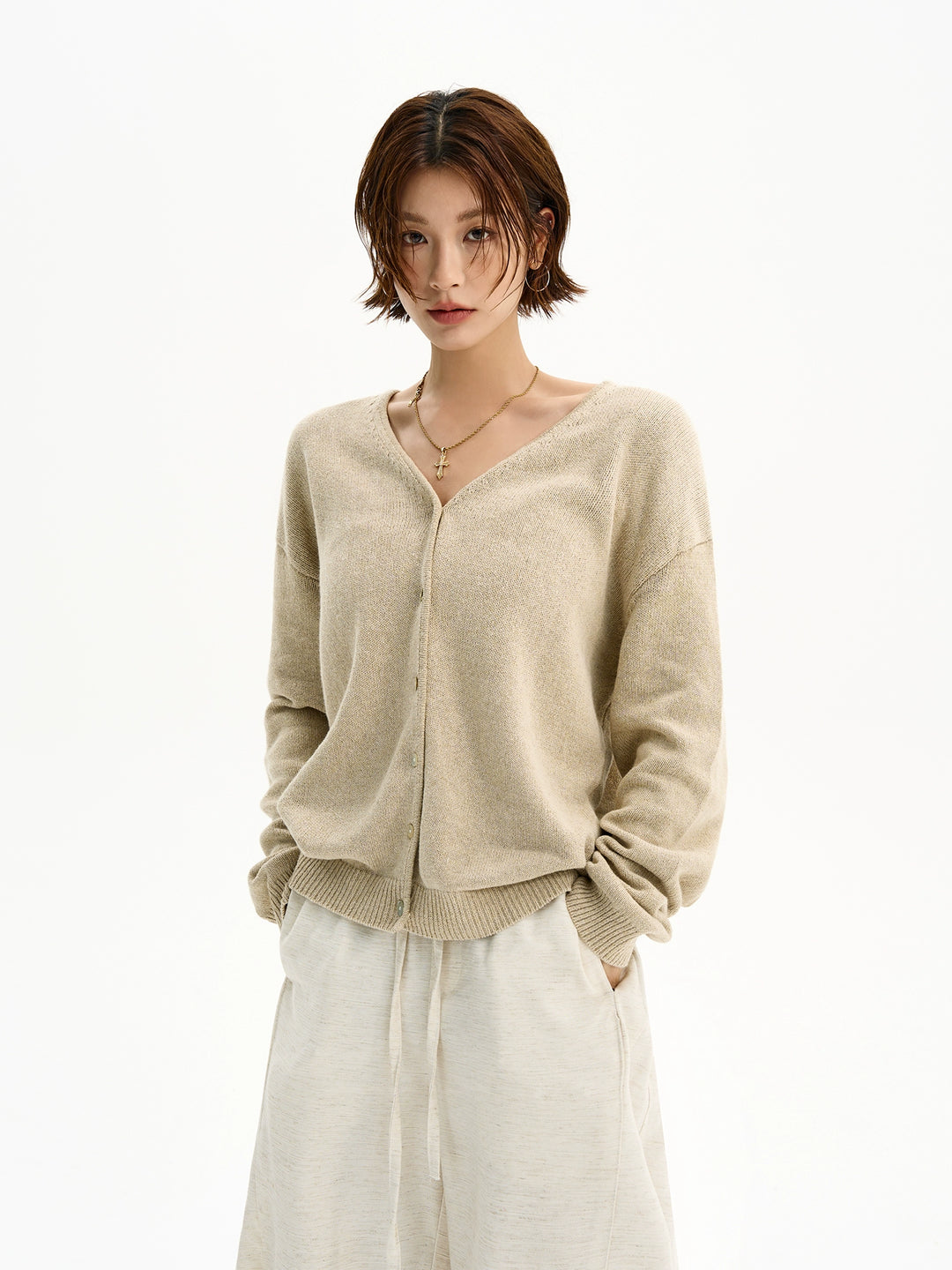 Leinen Strick V-Ausschnitt Cardigan Pullover 