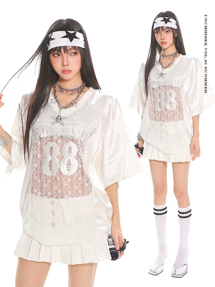 Lace Panel Loose Fit Short Sleeve Top