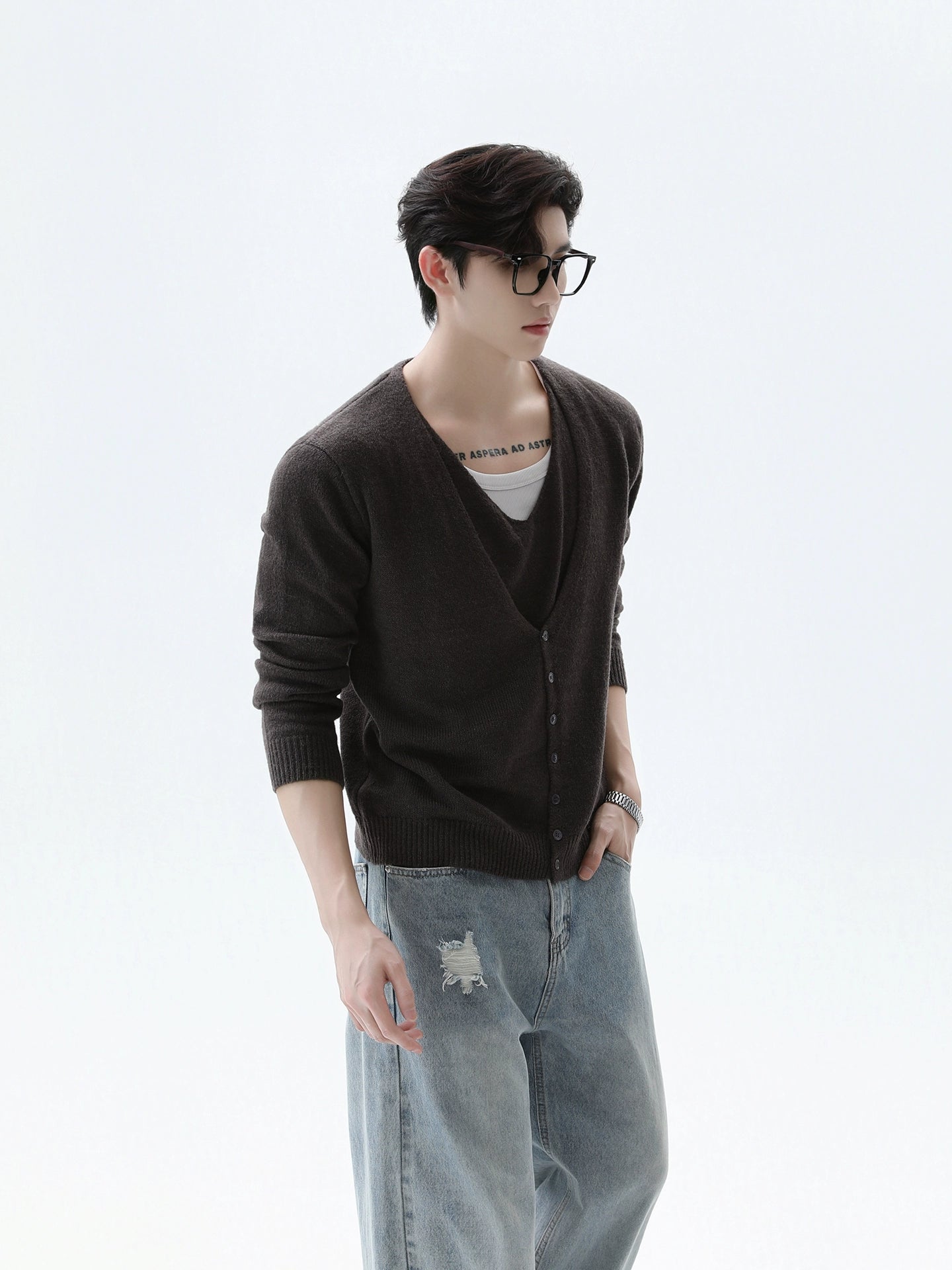 V-yaka Yün Örgü Hırka Kazak Seti 