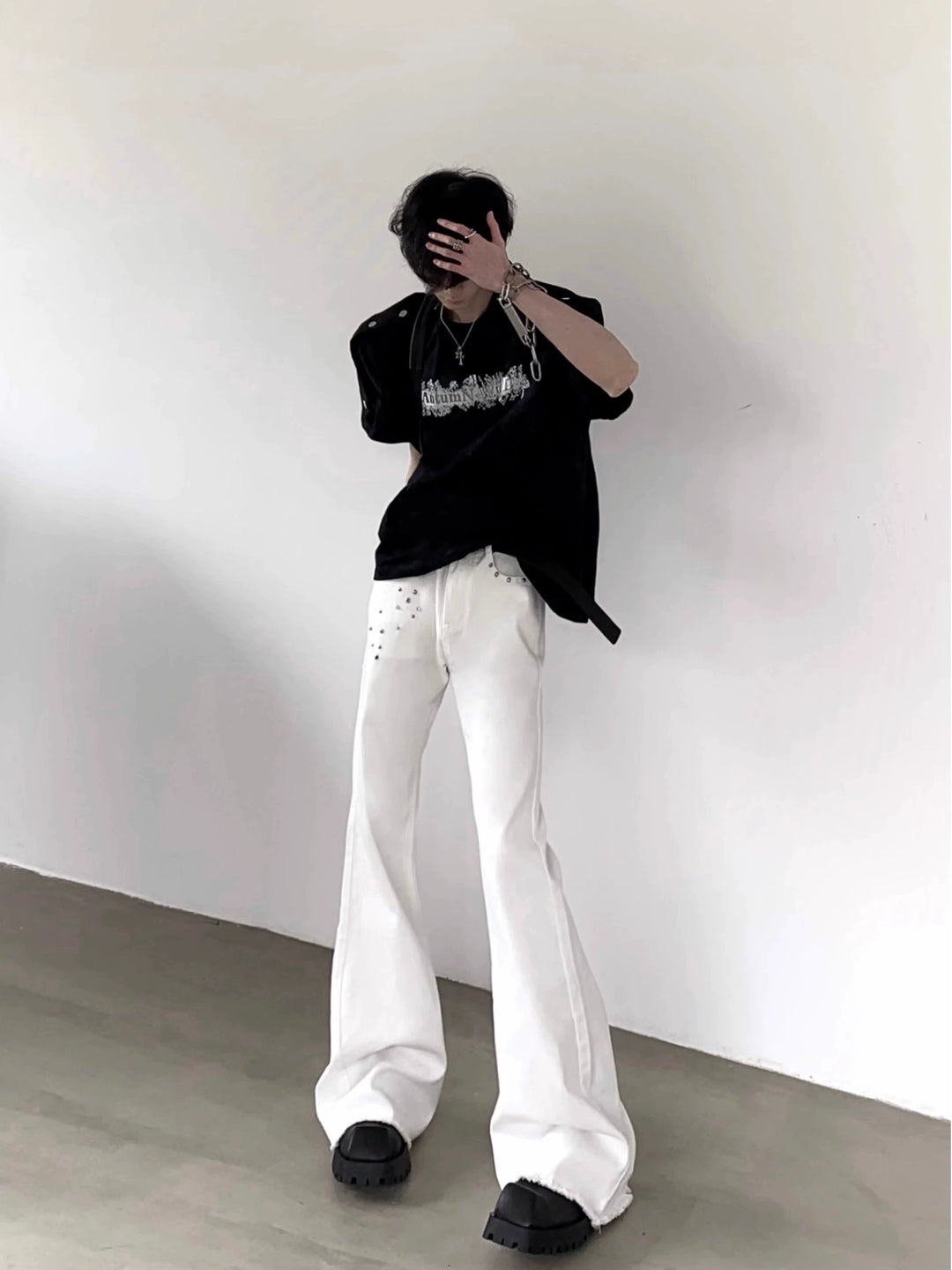Rivet-Studded Flared Slim Fit Jeans