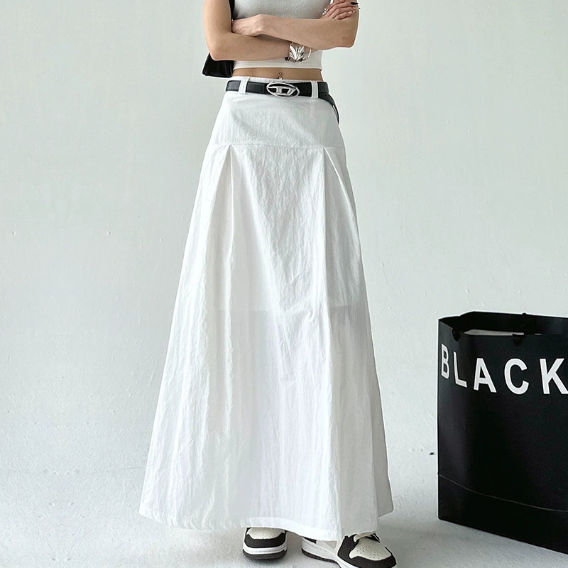 High Waist Pleated Long A-Line Skirt