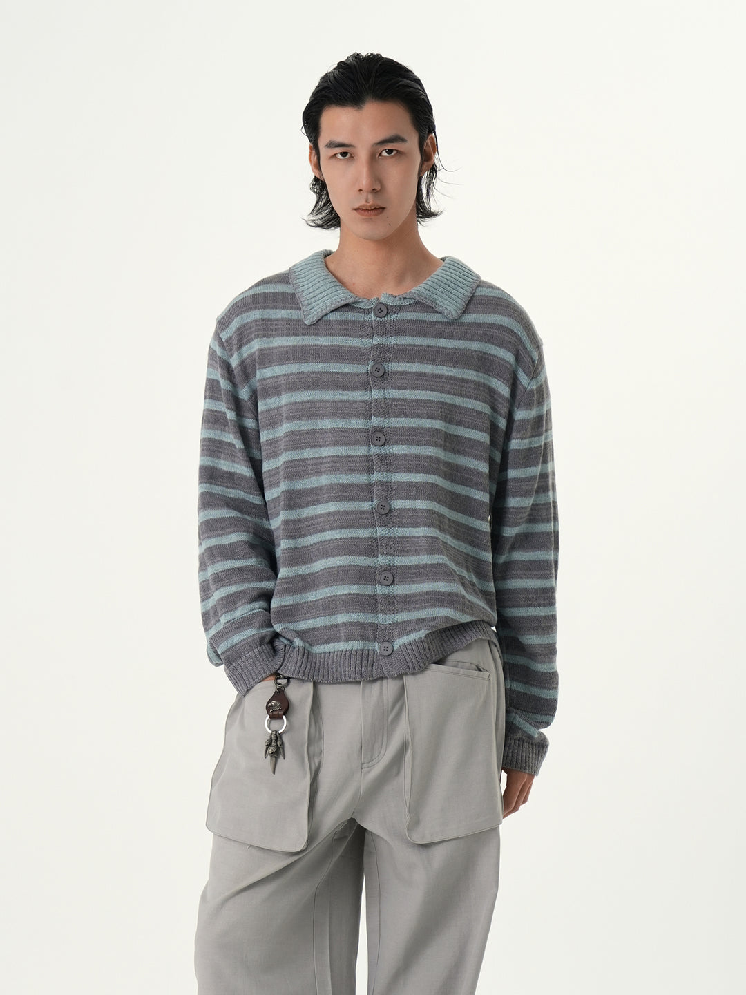 Button-front Striped Sweater