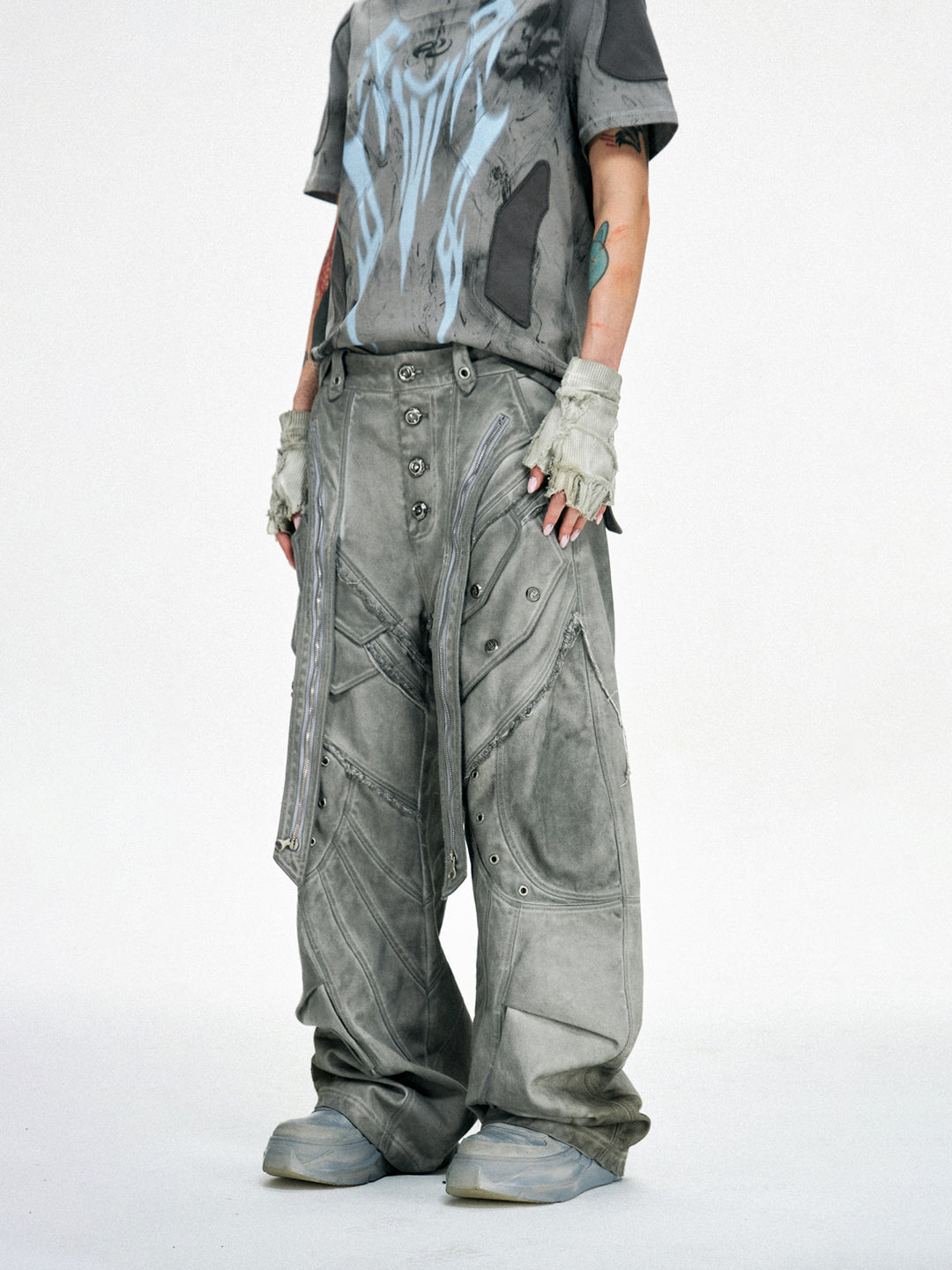 Pantalones de pierna ancha con cremallera dividida deconstruidos 