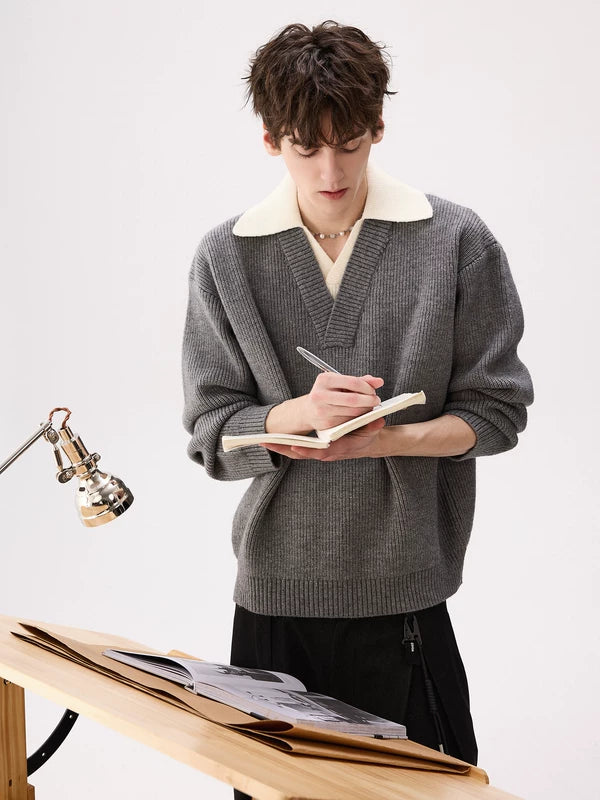 V-Neck Faux Two-Piece Knit Sweater