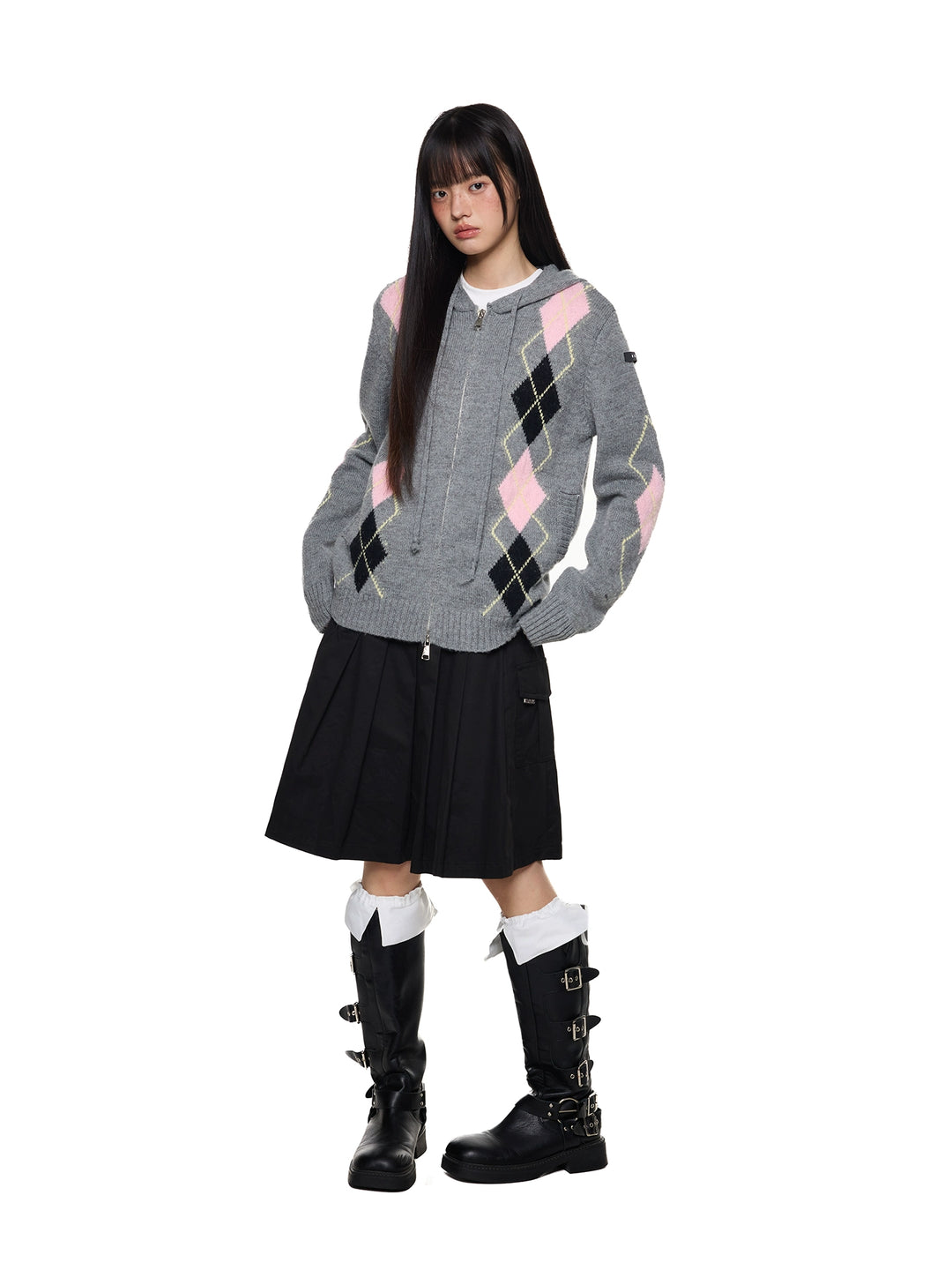 Gilet à capuche en tricot à motif losange 