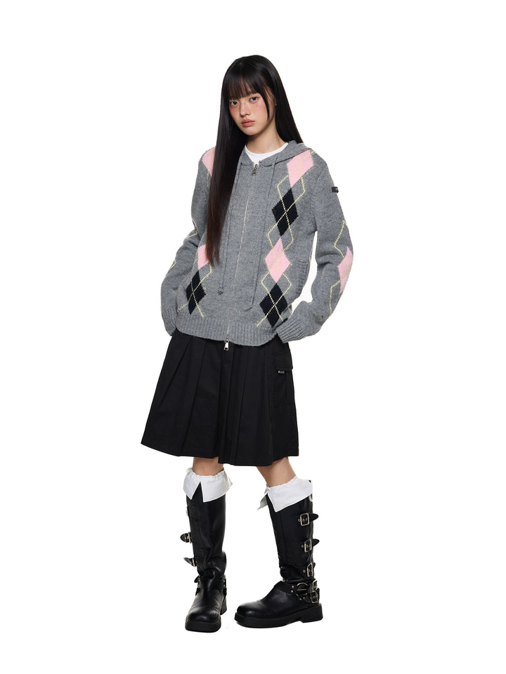 Gilet à capuche en tricot à motif losange 