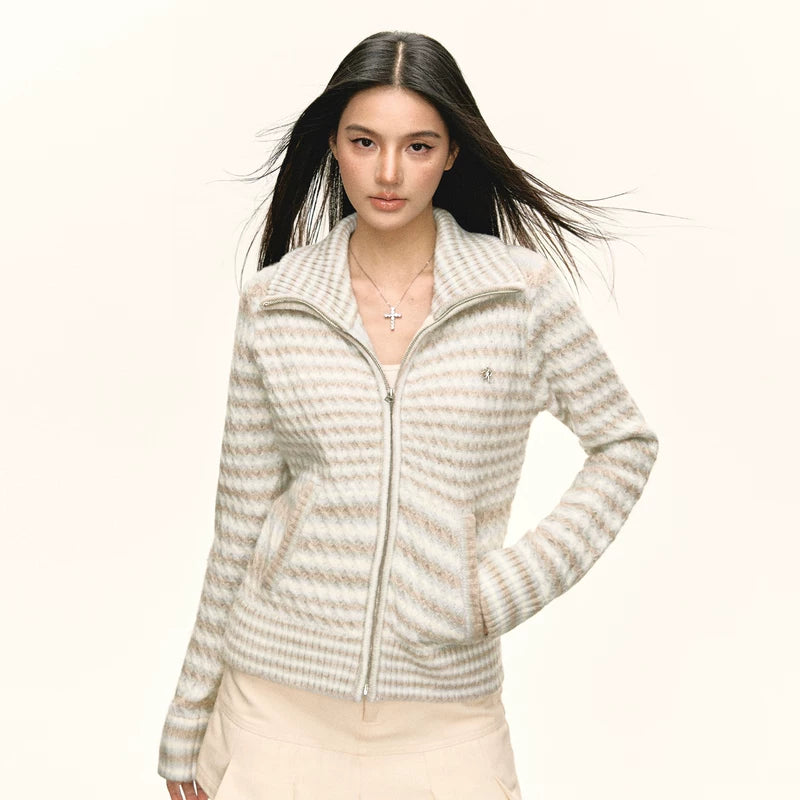 Kardigan z zamkiem i stójką w retro paski 