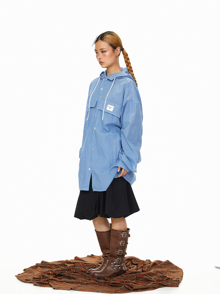 Plaid Drawstring Hooded Long Sleeve Shirt