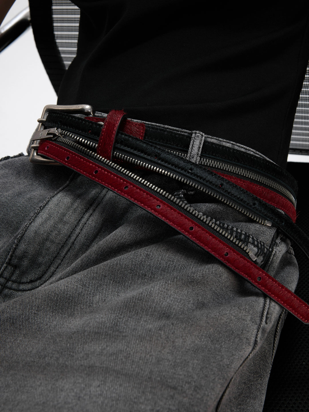 Double Zipper Fur Leather Pants Belt
