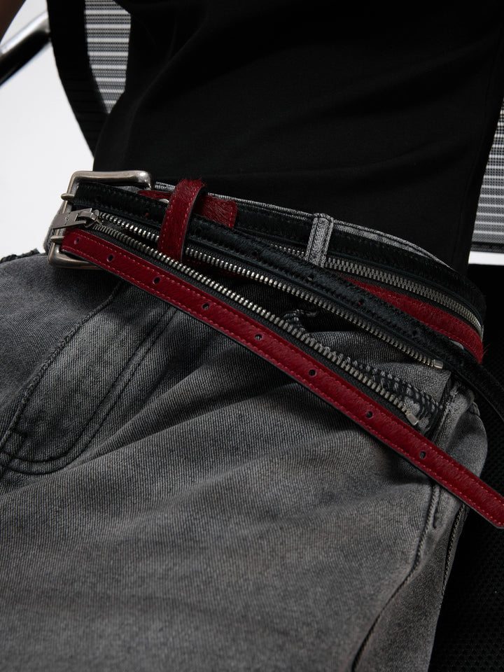 Double Zipper Fur Leather Pants Belt