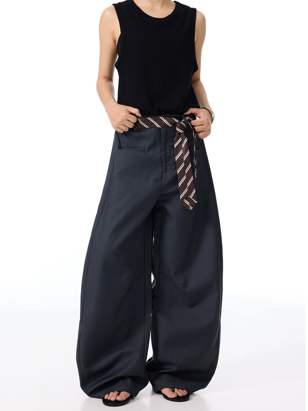 Pantalones de pierna ancha con lazo en la cintura relajados 