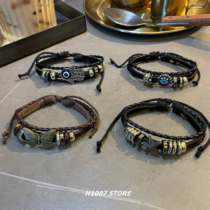 レトロエスニックチャームレザーブレスレットセット 