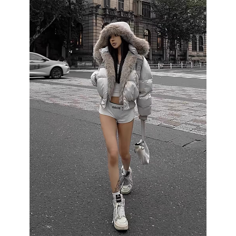 Hooded Puffer Jacket with Fur Collar