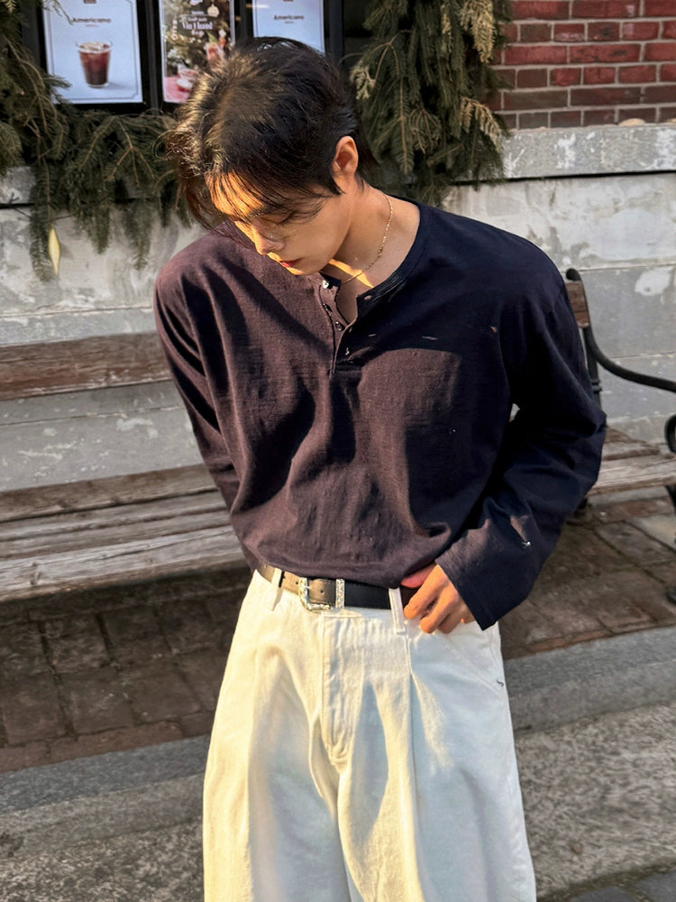 Bomulds langærmet Henley pullover skjorte 