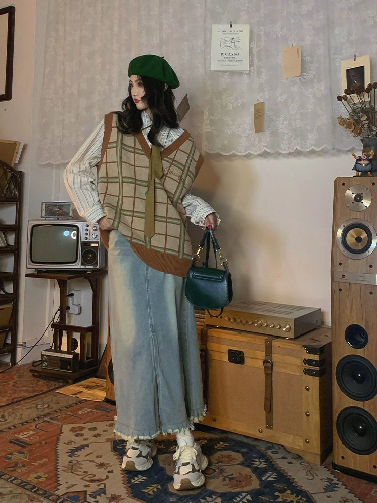 Gilet in maglia retro a V in plaid 