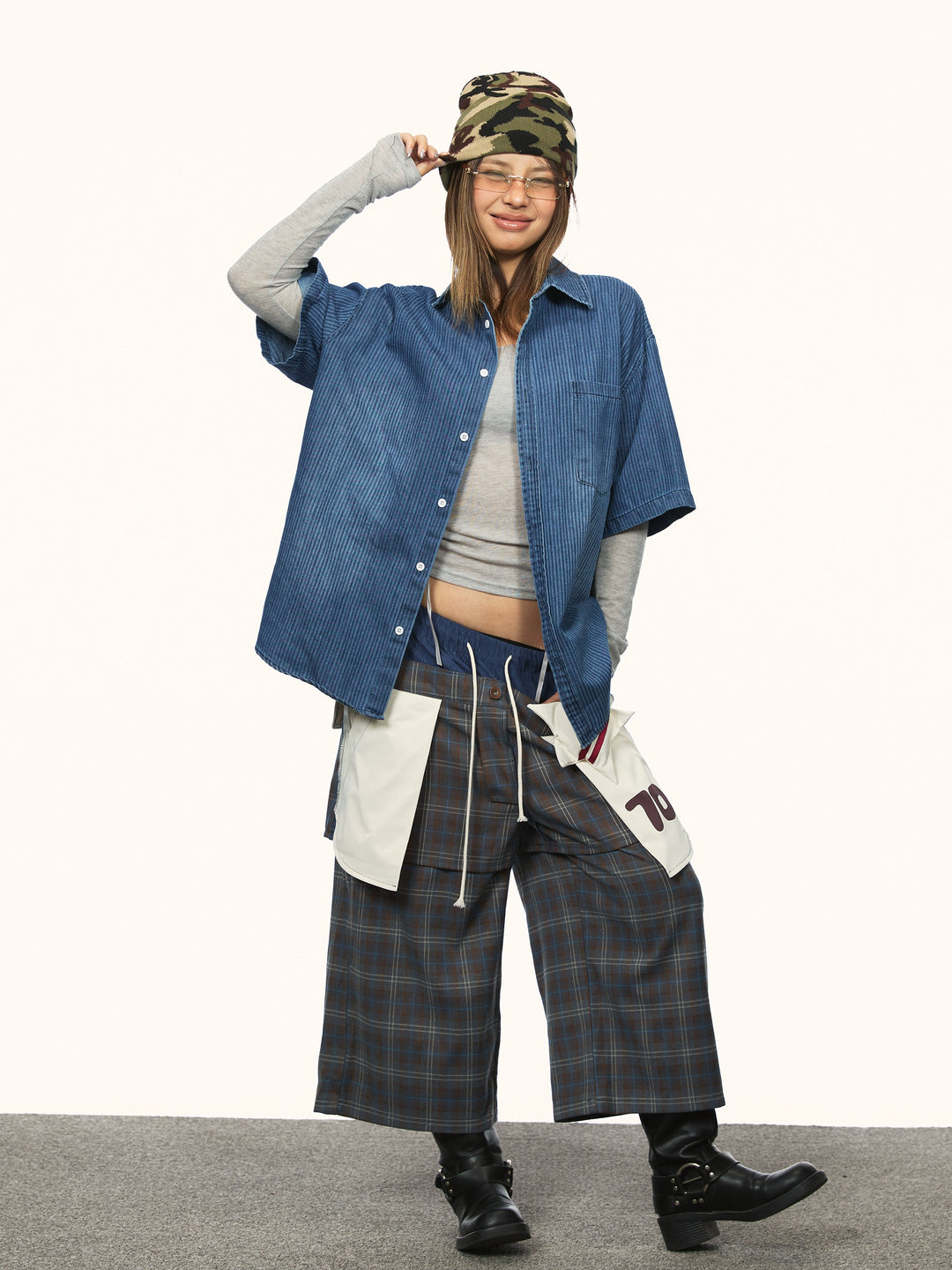 Retro Vertical Stripe Short Sleeve Denim Shirt