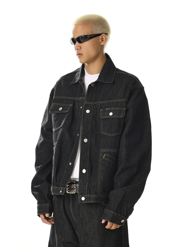Retro Lockere Passform Jeansjacke mit Taschen 