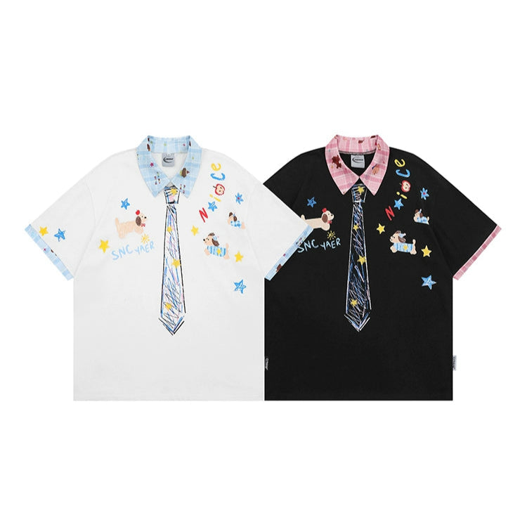 Graffiti Puppy Polo Shirt with Tie Design