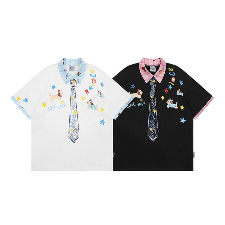 Graffiti Puppy Polo Shirt with Tie Design