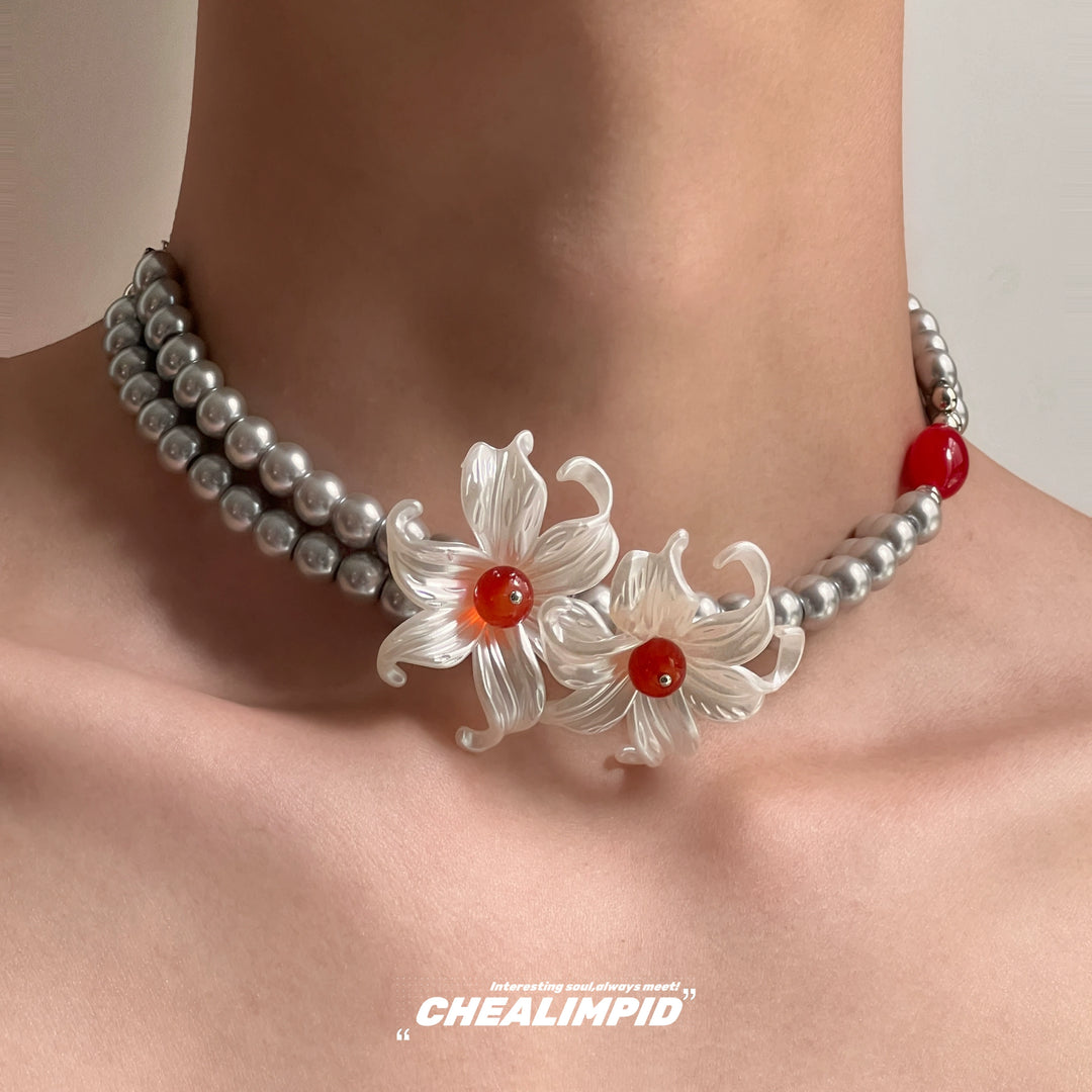 Collar Choker de Doble Capa con Perlas y Flores 