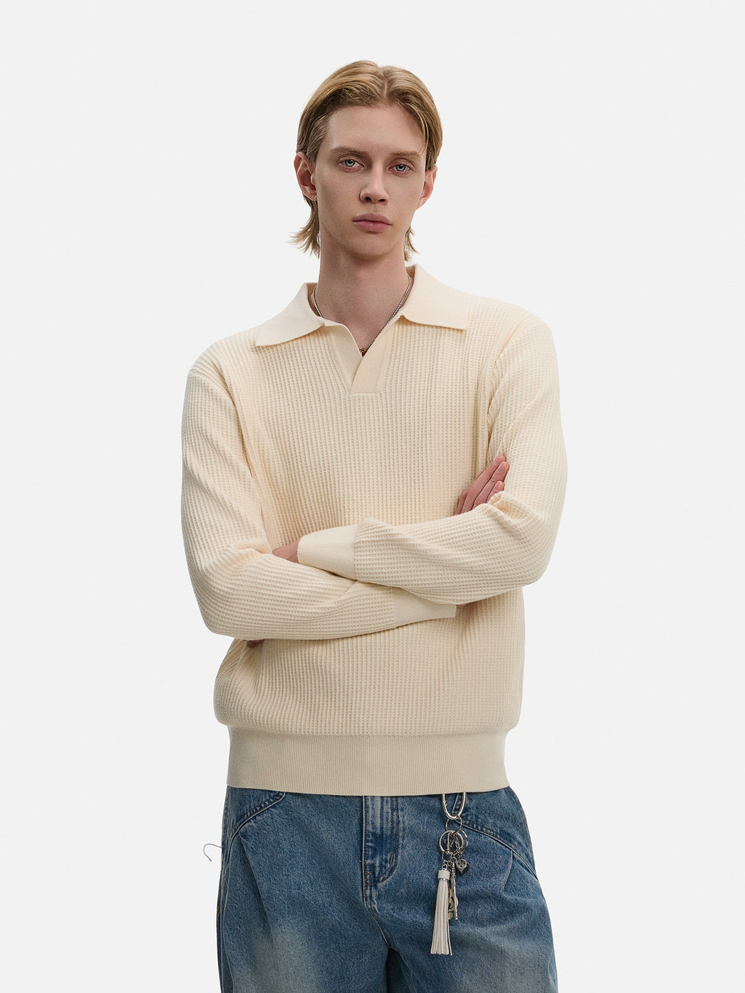 Polo Collar Textured Knitted Pullover
