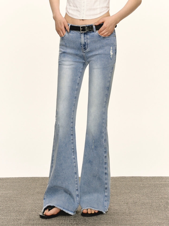 Distressed Flared Denim Pants with Belt