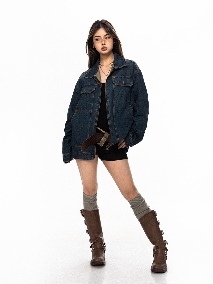 Džínová vyšívaná distressed casual bunda 