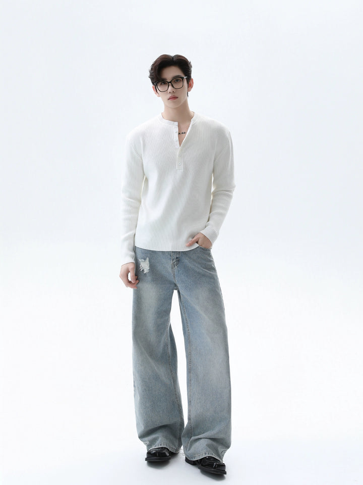 Ribbed Henley Collar Pullover