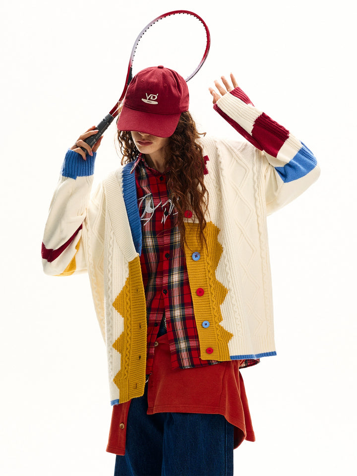 V-Neck Contrast Knit Cardigan
