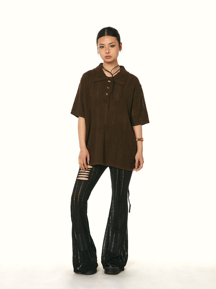 Knitted Polo Shirt Hollow Turtleneck Top