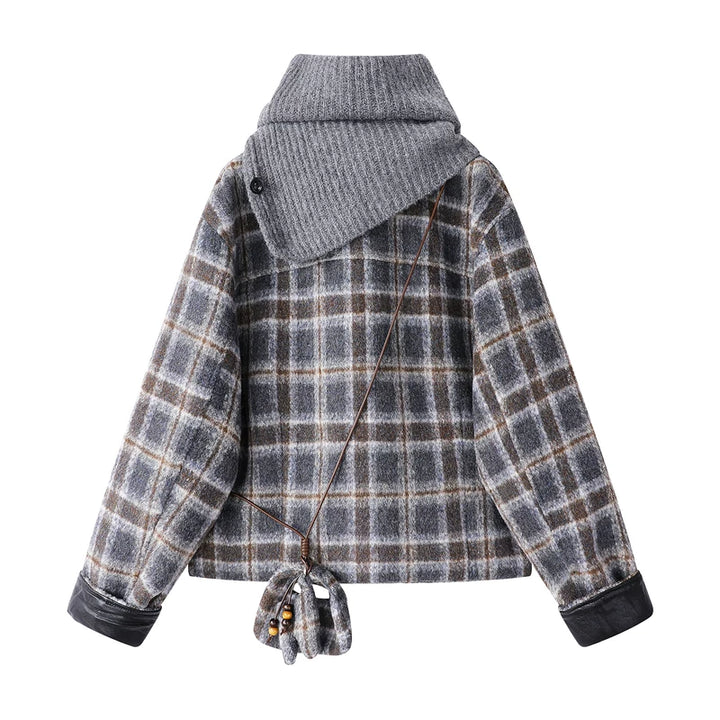 מעיל צמר משובץ עם שרוולים מעור וצעיף 