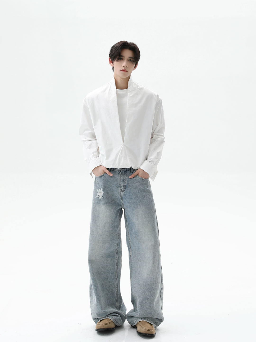 Cotton Deep V Stand Collar Shirt